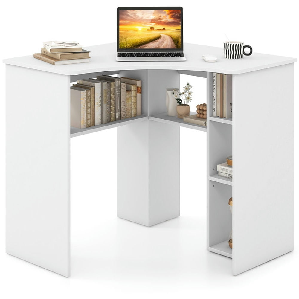 Hommoo Corner Computer Desk Triangle Home Office Desk with Adjustable Shelf and Arc-Shaped Profile-White Image 1