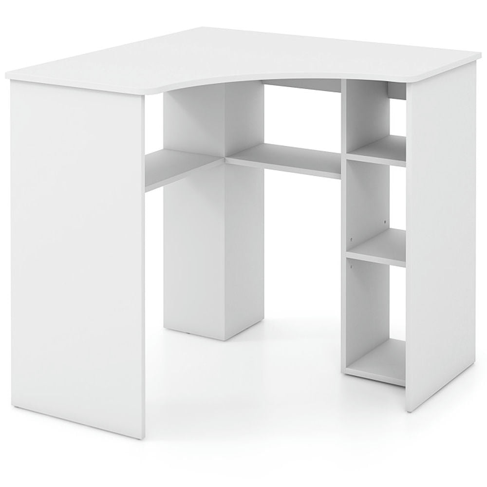 Hommoo Corner Computer Desk Triangle Home Office Desk with Adjustable Shelf and Arc-Shaped Profile-White Image 2