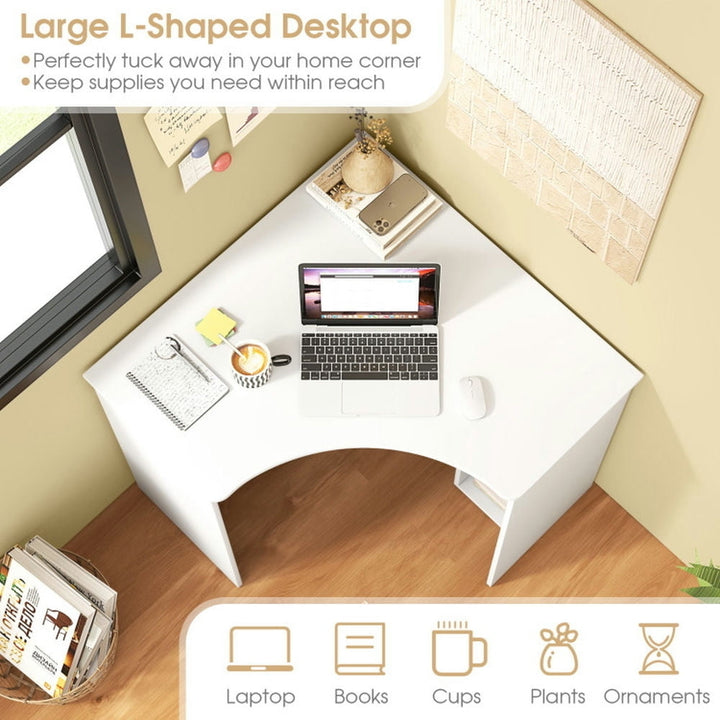 Hommoo Corner Computer Desk Triangle Home Office Desk with Adjustable Shelf and Arc-Shaped Profile-White Image 3