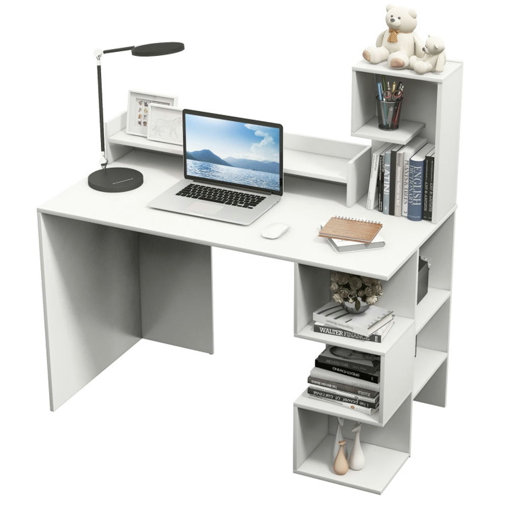 Hommoo Modern Computer Desk with Storage Bookshelf and Hutch for Home Office-White, Gaming Computer Desks for Image 1