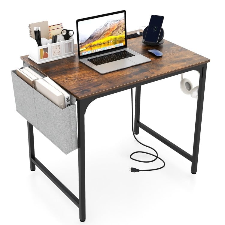 Hommoo 32 Inch Home Office Desk with Charging Station Storage Bag and Headphone Hook-Rustic Brown Image 1