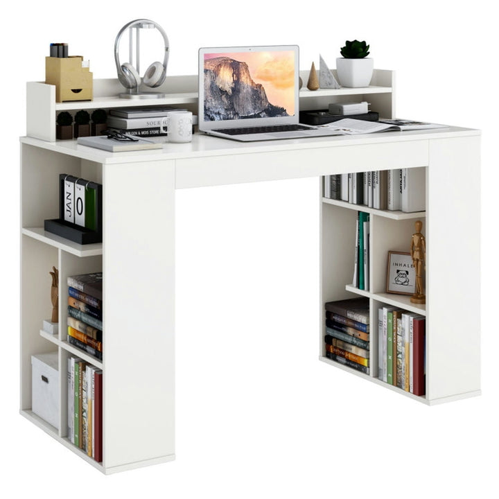 Hommoo Office Computer Desk with Dual 3 Tier Bookshelf and Monitor Shelf-White, Gaming Computer Desks for Image 1