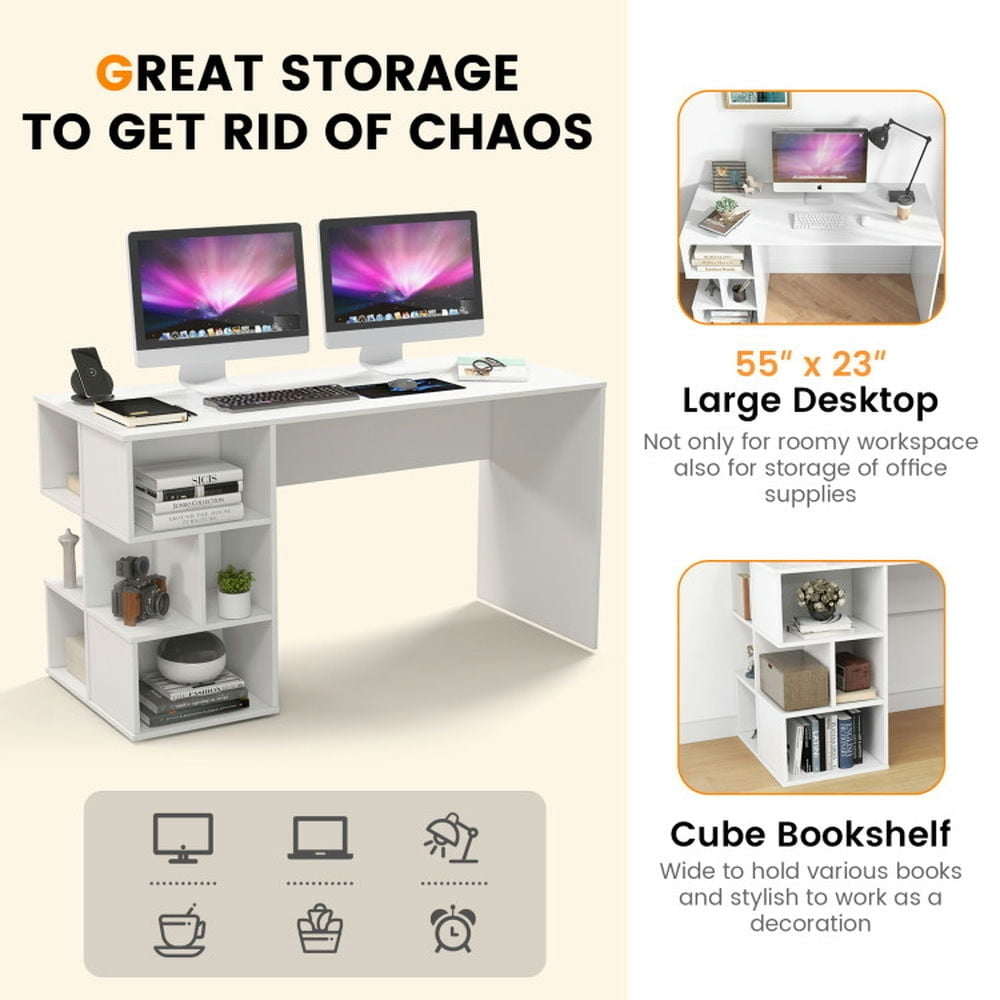 Hommoo Modern Computer Desk with 3 Tier Storage Shelves for Home Office-White, Gaming Computer Desks for Image 3