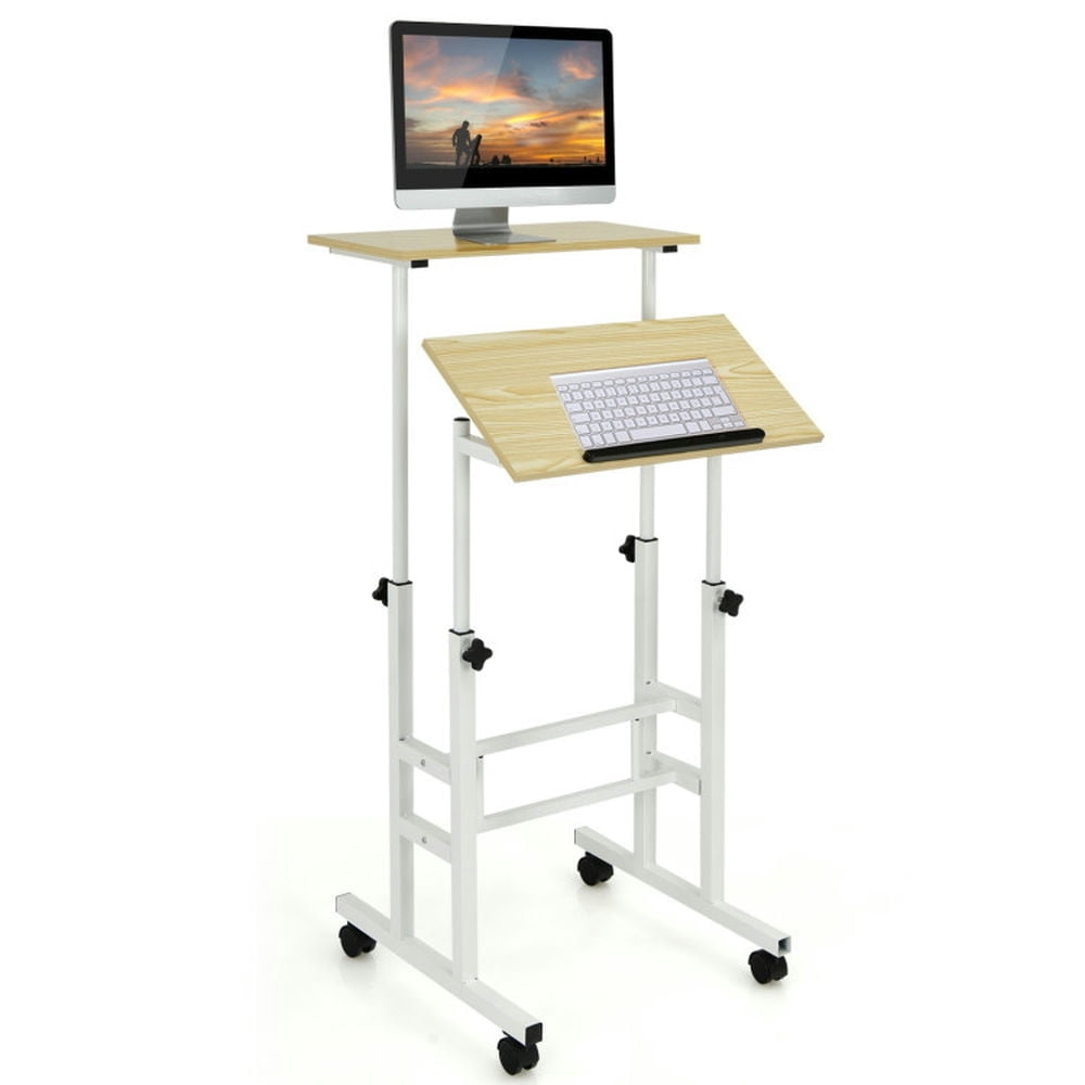 Hommoo Height Adjustable Mobile Standing Desk with rolling wheels for office and home-Natural Image 1