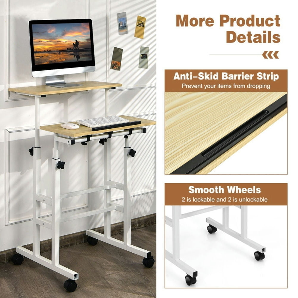 Hommoo Height Adjustable Mobile Standing Desk with rolling wheels for office and home-Natural Image 3