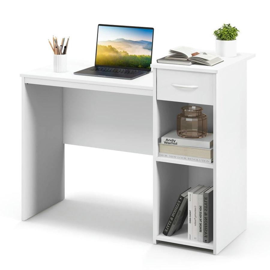 Hommoo Computer Desk with Drawer Modern Laptop PC Desk with Adjustable Shelf and Cable Hole-White, Gaming Computer Desks Image 1