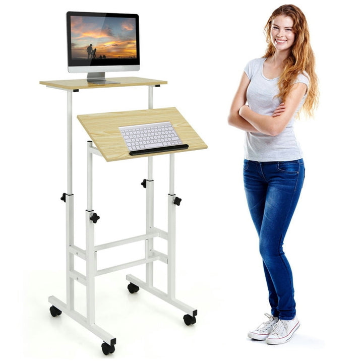 Hommoo Height Adjustable Mobile Standing Desk with rolling wheels for office and home-Natural Image 5