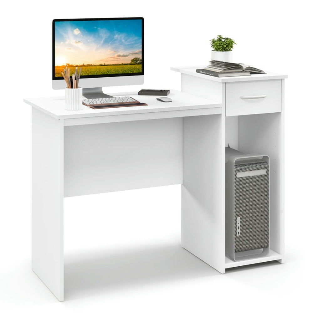 Hommoo Computer Desk with Drawer Modern Laptop PC Desk with Adjustable Shelf and Cable Hole-White, Gaming Computer Desks Image 3