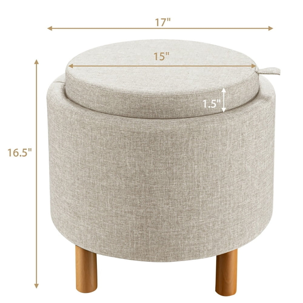 Hommoo Ottoman Bench,Ottoman Foot Rest Chair,Round Fabric Storage Ottoman with Tray and Non-Slip Pads for Bedroom-Beige Image 6