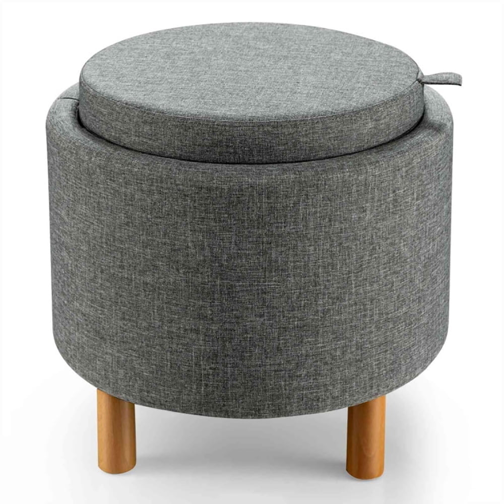 Hommoo Ottoman Bench,Ottoman Foot Rest Chair,Round Fabric Storage Ottoman with Tray and Non-Slip Pads for Bedroom-Gray Image 1