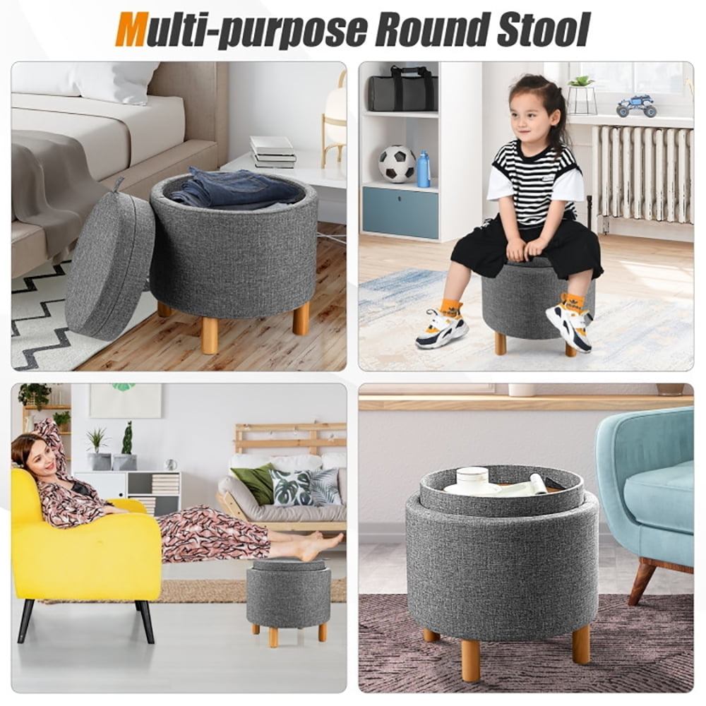 Hommoo Ottoman Bench,Ottoman Foot Rest Chair,Round Fabric Storage Ottoman with Tray and Non-Slip Pads for Bedroom-Gray Image 2