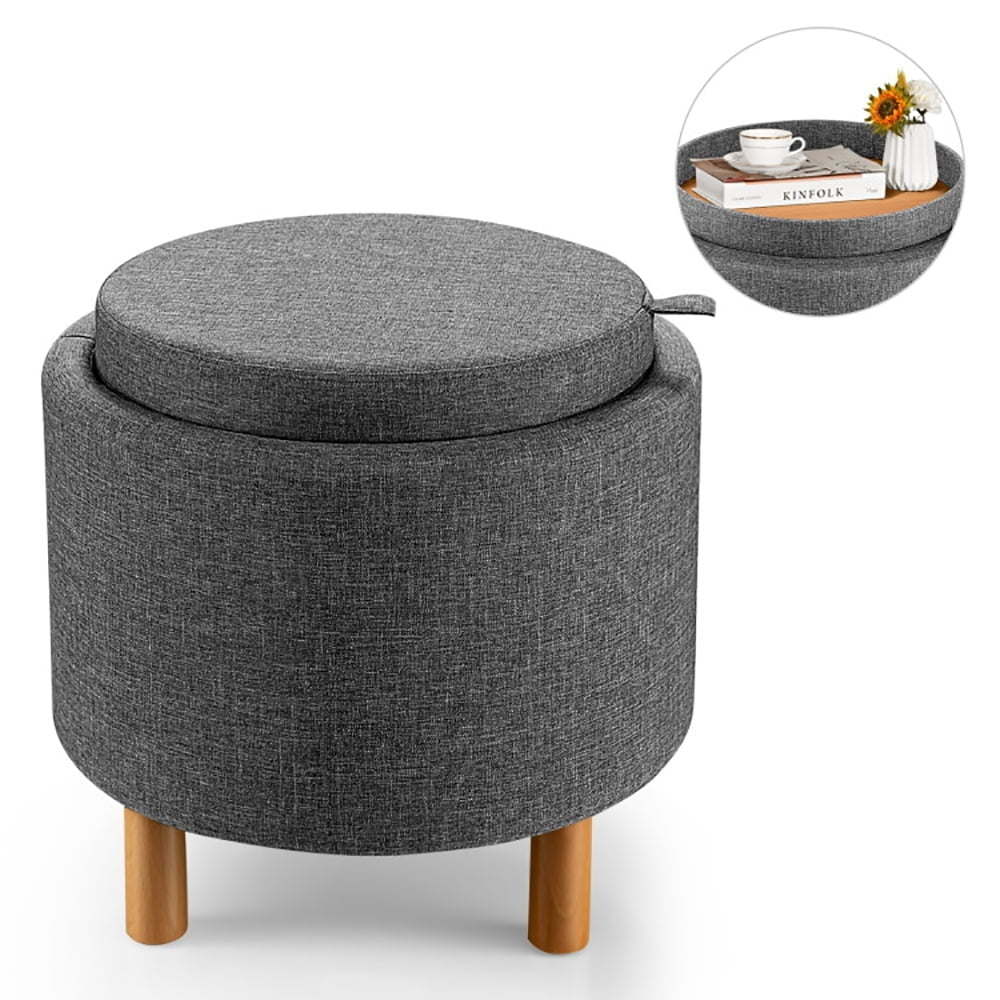 Hommoo Ottoman Bench,Ottoman Foot Rest Chair,Round Fabric Storage Ottoman with Tray and Non-Slip Pads for Bedroom-Gray Image 5