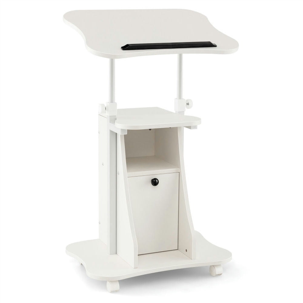 Hommoo Adjustable Mobile Standing Desk Cart with Tilt Desktop and Cabinet-White Image 1