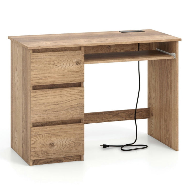 Hommoo Gaming Computer Desk,Computer Desk with Power Outlet Keyboard Tray and 3 Large Drawers-Natural Image 1