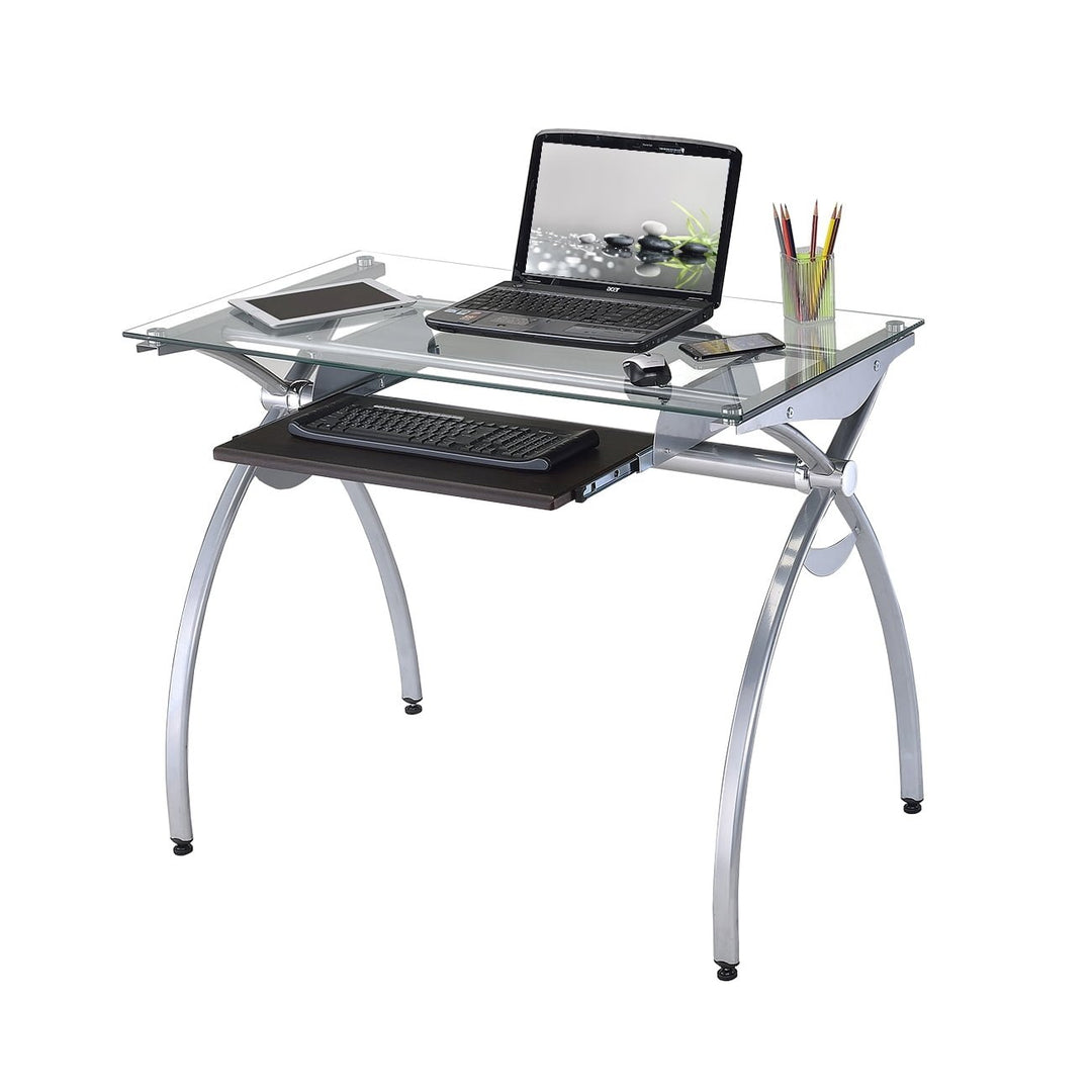 Hommoo 43" Modern Computer Desk with Clear Glass Top and Pull Out Keyboard Panel - Transparent Image 1