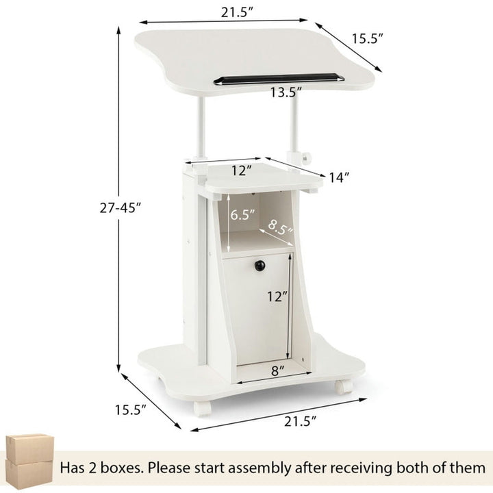 Hommoo Adjustable Mobile Standing Desk Cart with Tilt Desktop and Cabinet-White Image 3