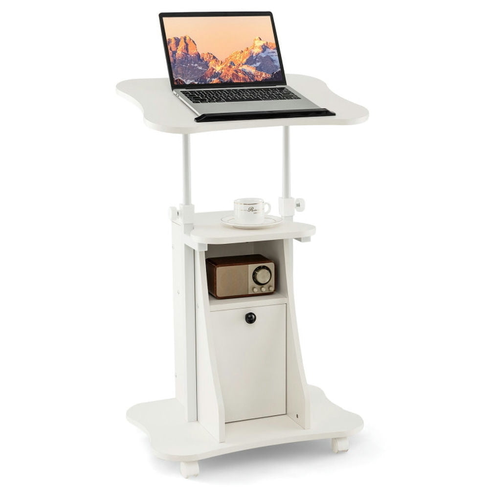 Hommoo Adjustable Mobile Standing Desk Cart with Tilt Desktop and Cabinet-White Image 4