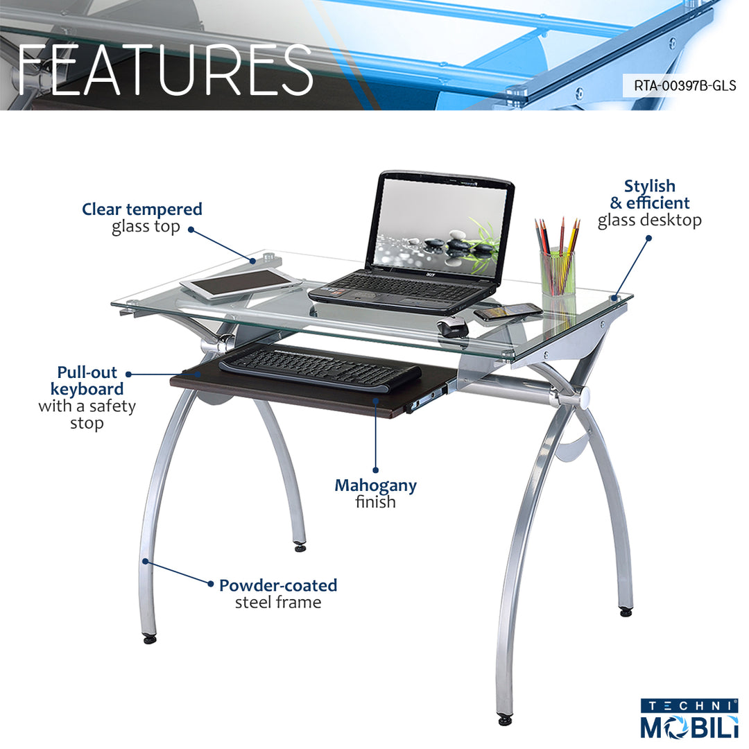 Hommoo 43" Modern Computer Desk with Clear Glass Top and Pull Out Keyboard Panel - Transparent Image 2