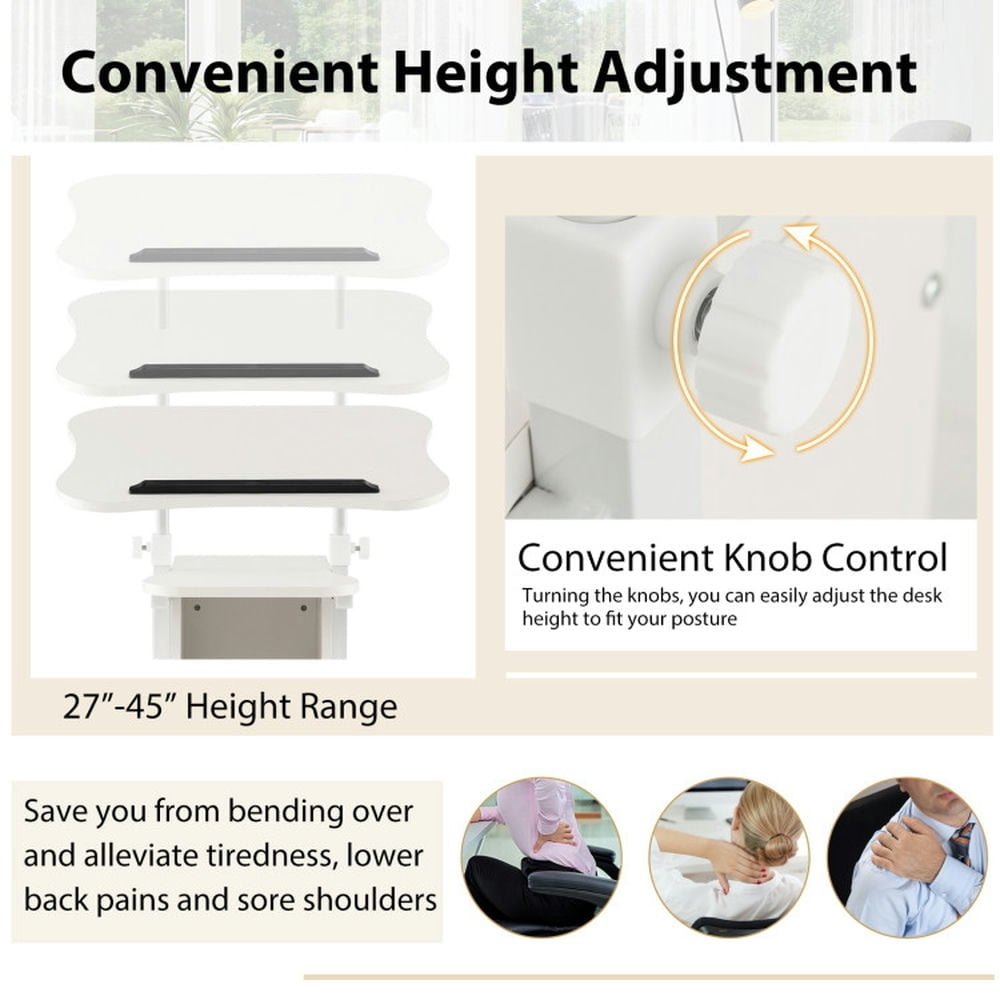 Hommoo Adjustable Mobile Standing Desk Cart with Tilt Desktop and Cabinet-White Image 5