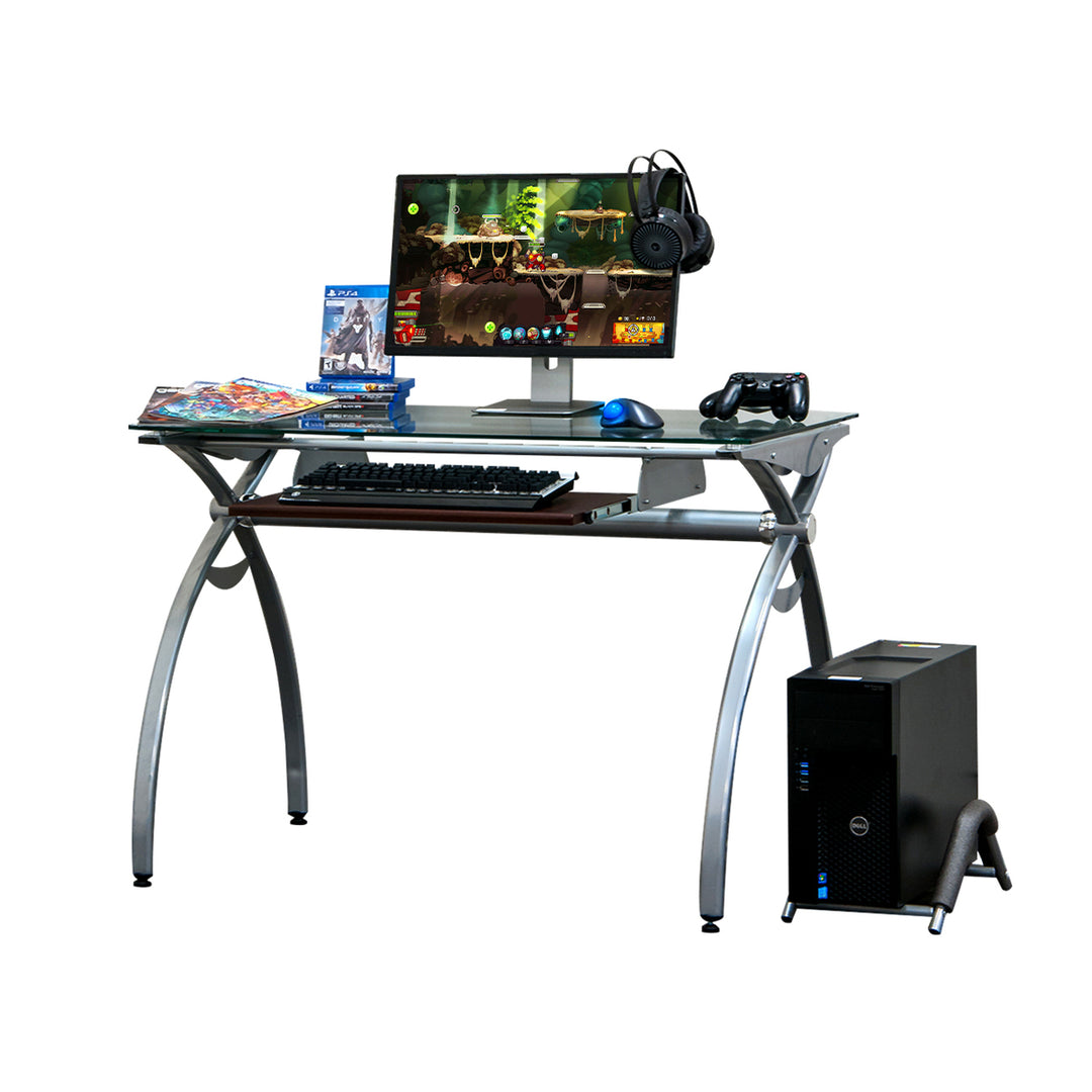 Hommoo 43" Modern Computer Desk with Clear Glass Top and Pull Out Keyboard Panel - Transparent Image 4