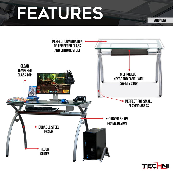 Hommoo 43" Modern Computer Desk with Clear Glass Top and Pull Out Keyboard Panel - Transparent Image 5