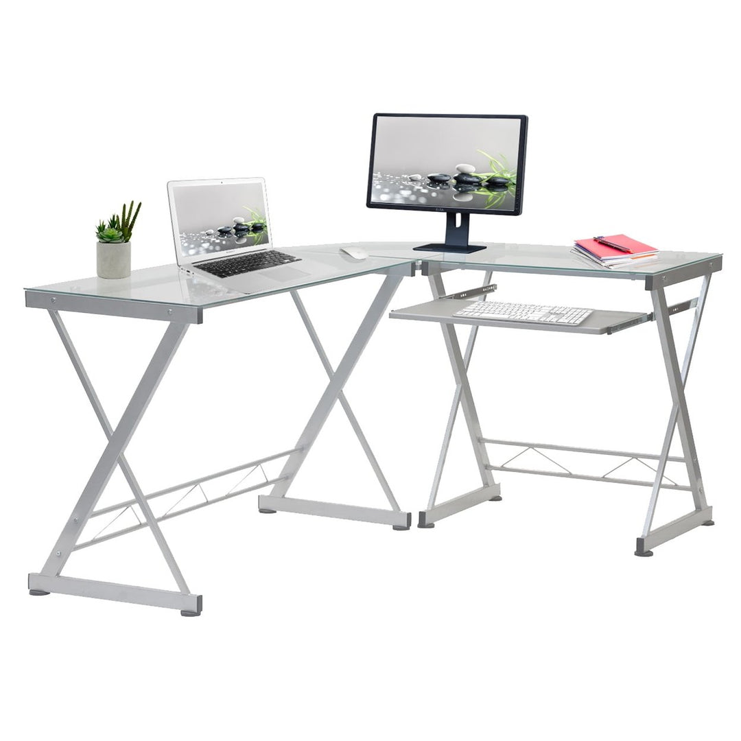 Hommoo L Shaped Computer Corner Desk with Tempered Glass Top, Pull Out Keyboard Panel - White Image 1