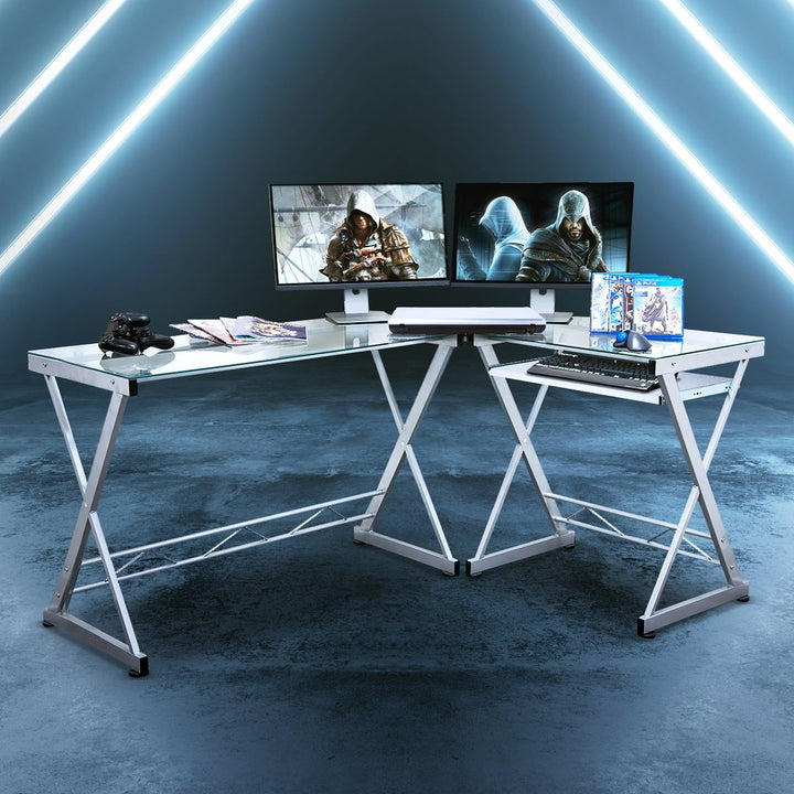 Hommoo L Shaped Computer Corner Desk with Tempered Glass Top, Pull Out Keyboard Panel - White Image 2