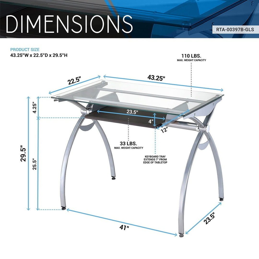 Hommoo 43" Modern Computer Desk with Clear Glass Top and Pull Out Keyboard Panel - Transparent Image 6