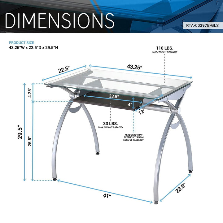 Hommoo 43" Modern Computer Desk with Clear Glass Top and Pull Out Keyboard Panel - Transparent Image 6