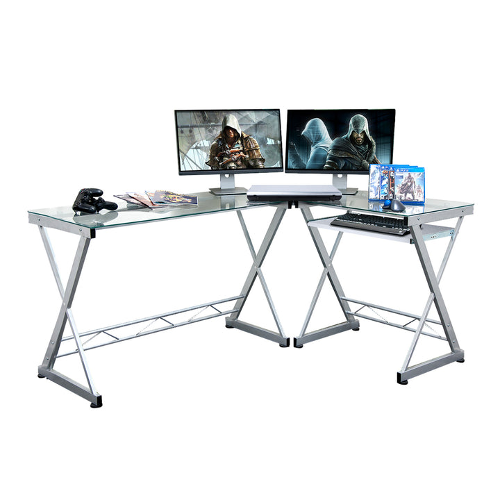 Hommoo L Shaped Computer Corner Desk with Tempered Glass Top, Pull Out Keyboard Panel - White Image 4