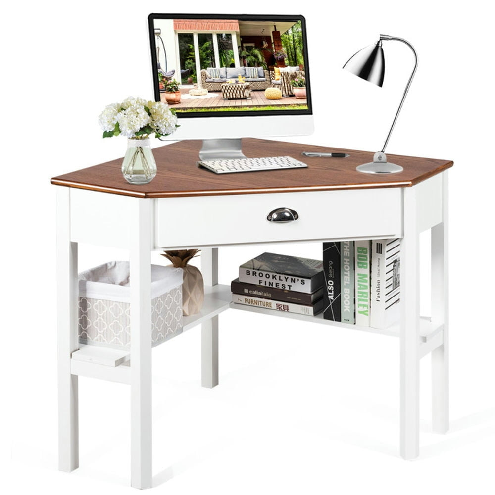 Hommoo Corner Wooden Piece Laptop Computer Desk-Natural, Home Office Desks, Gaming Computer Desks for Image 1