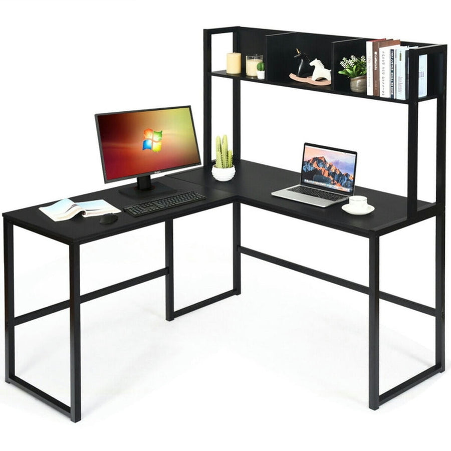 Hommoo Reversible L-Shaped Corner Desk with Storage Bookshelf-Black, Home Office Desks, Gaming Computer Desks for Image 1