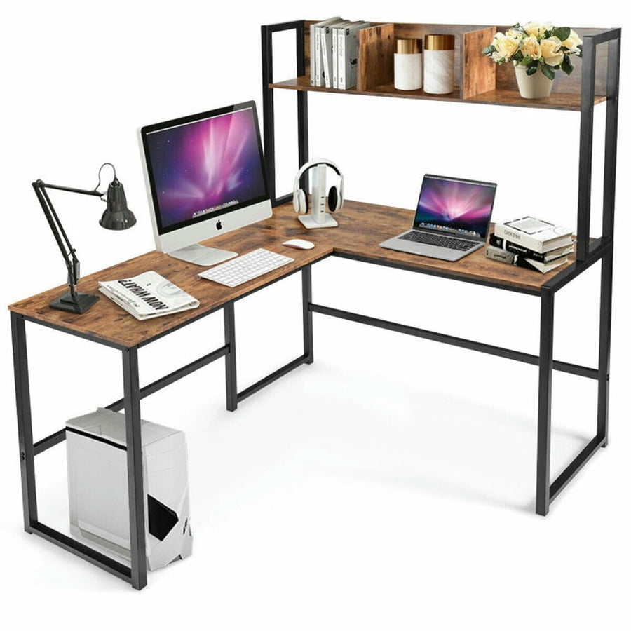 Hommoo Reversible L-Shaped Corner Desk with Storage Bookshelf-Brown, Home Office Desks, Gaming Computer Desks for Image 1