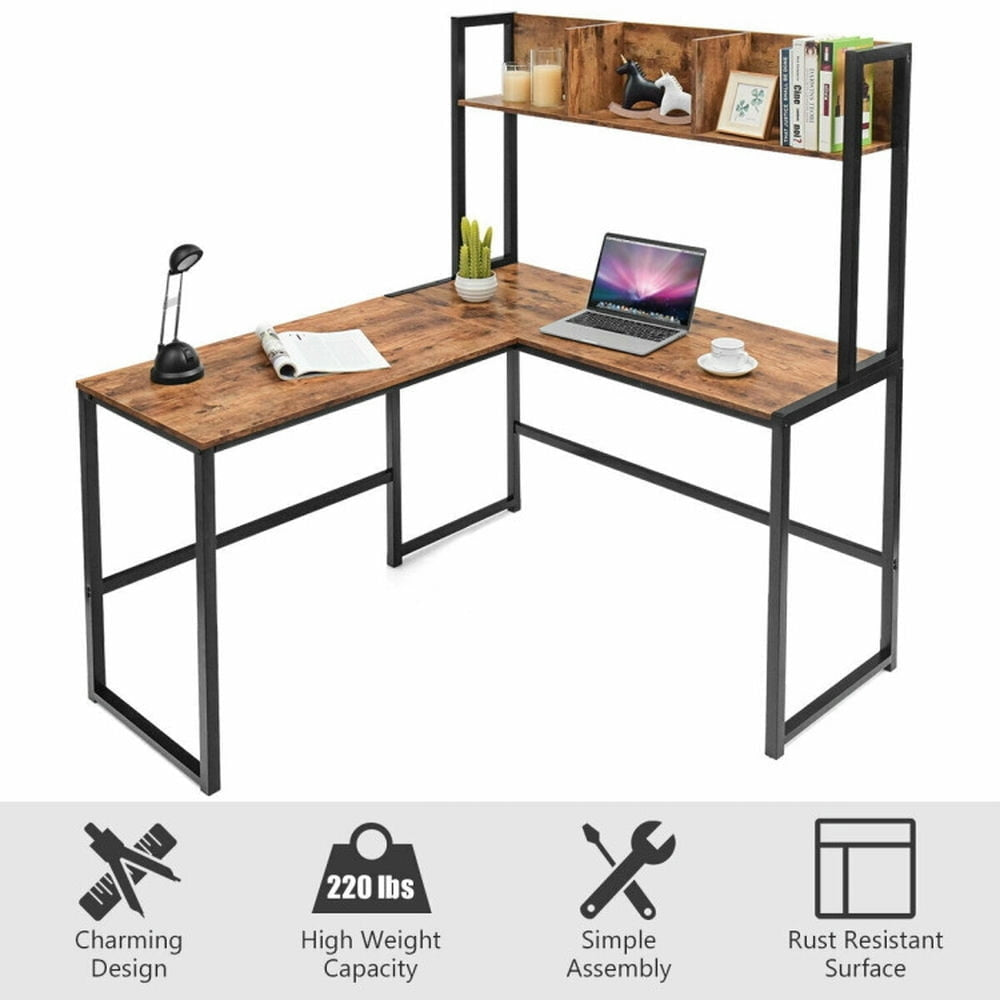 Hommoo Reversible L-Shaped Corner Desk with Storage Bookshelf-Brown, Home Office Desks, Gaming Computer Desks for Image 2