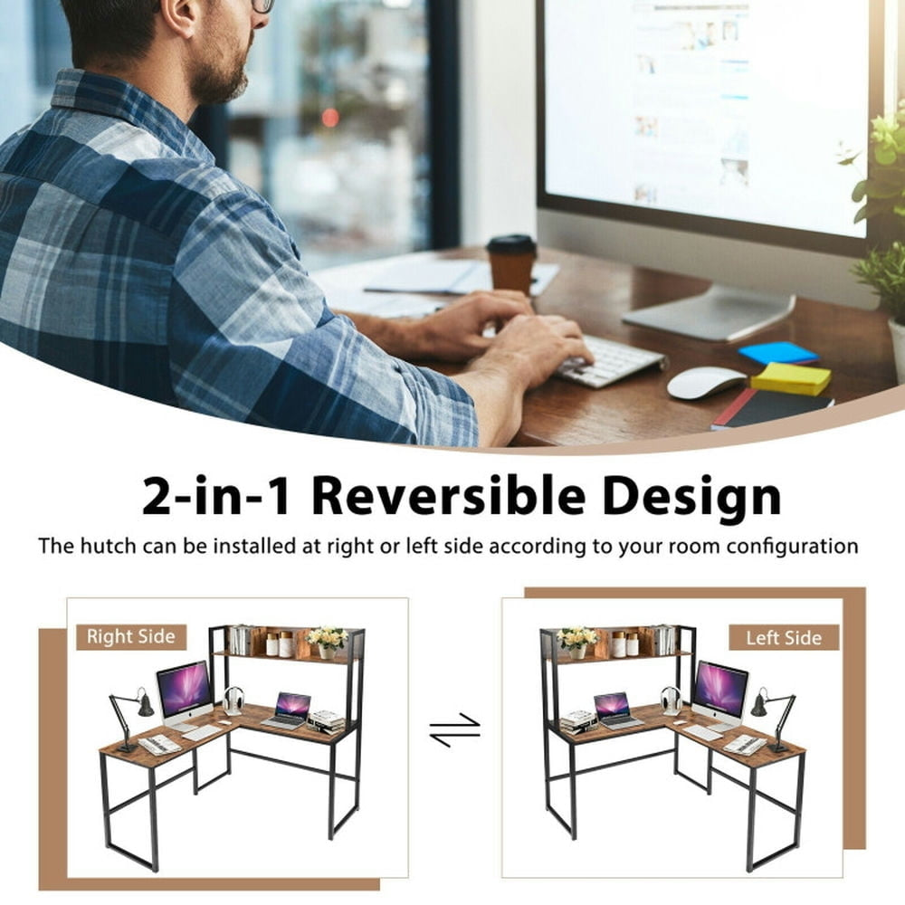 Hommoo Reversible L-Shaped Corner Desk with Storage Bookshelf-Brown, Home Office Desks, Gaming Computer Desks for Image 3