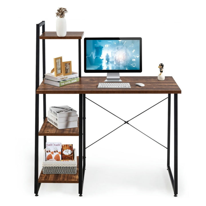 Hommoo Compact Computer Desk Workstation with 4 Tier Shelves for Home and Office-Brown, Gaming Computer Desks for Image 1