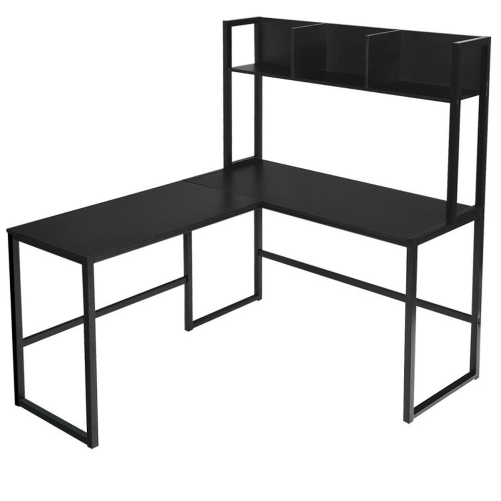 Hommoo Reversible L-Shaped Corner Desk with Storage Bookshelf-Black, Home Office Desks, Gaming Computer Desks for Image 2