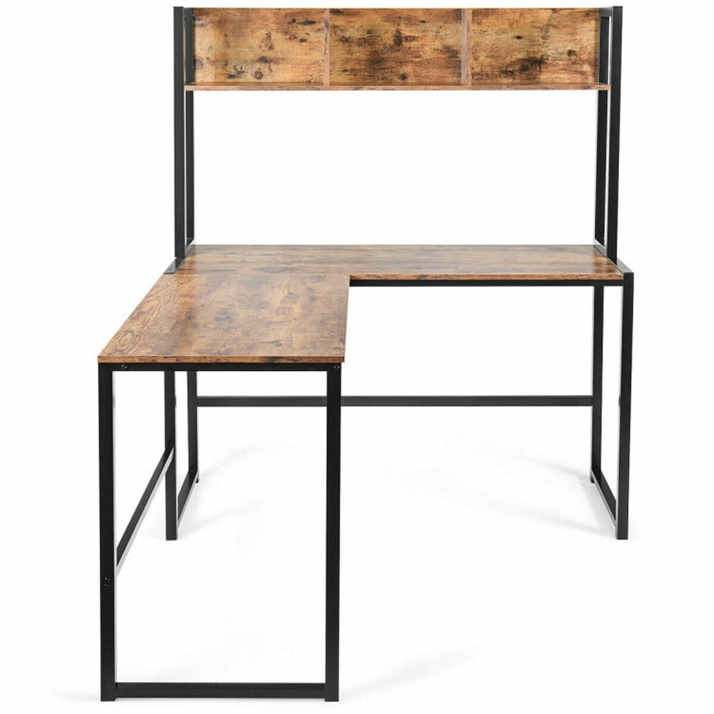 Hommoo Reversible L-Shaped Corner Desk with Storage Bookshelf-Brown, Home Office Desks, Gaming Computer Desks for Image 6