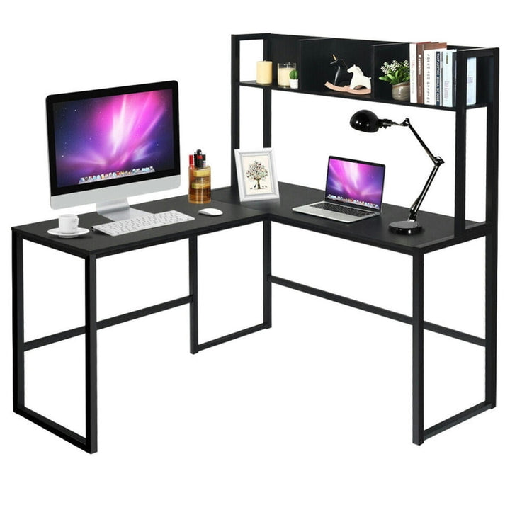 Hommoo Reversible L-Shaped Corner Desk with Storage Bookshelf-Black, Home Office Desks, Gaming Computer Desks for Image 3