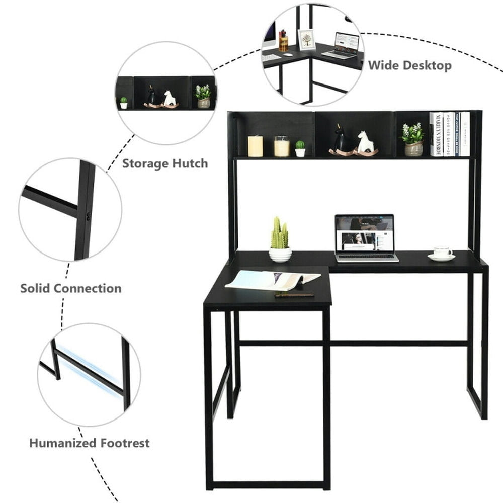 Hommoo Reversible L-Shaped Corner Desk with Storage Bookshelf-Black, Home Office Desks, Gaming Computer Desks for Image 4