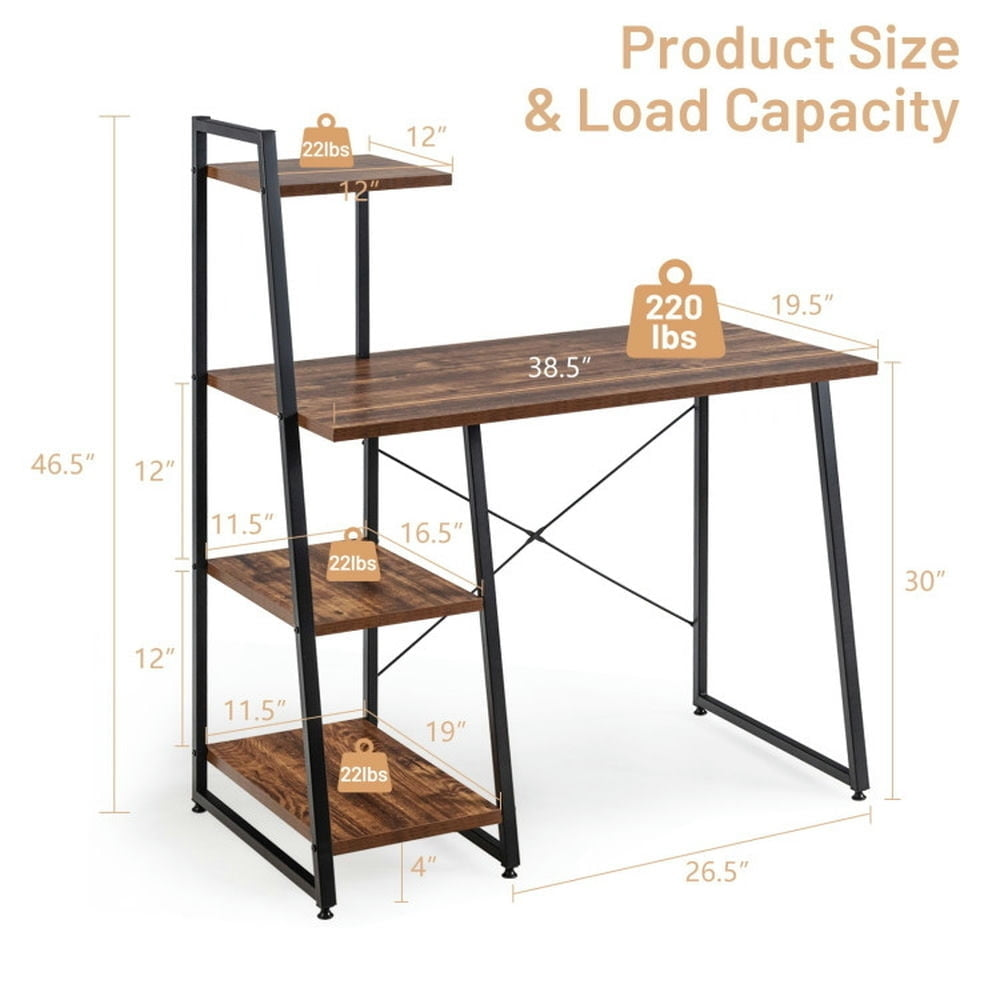 Hommoo Compact Computer Desk Workstation with 4 Tier Shelves for Home and Office-Brown, Gaming Computer Desks for Image 3