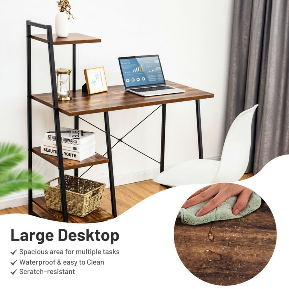 Hommoo Compact Computer Desk Workstation with 4 Tier Shelves for Home and Office-Brown, Gaming Computer Desks for Image 6