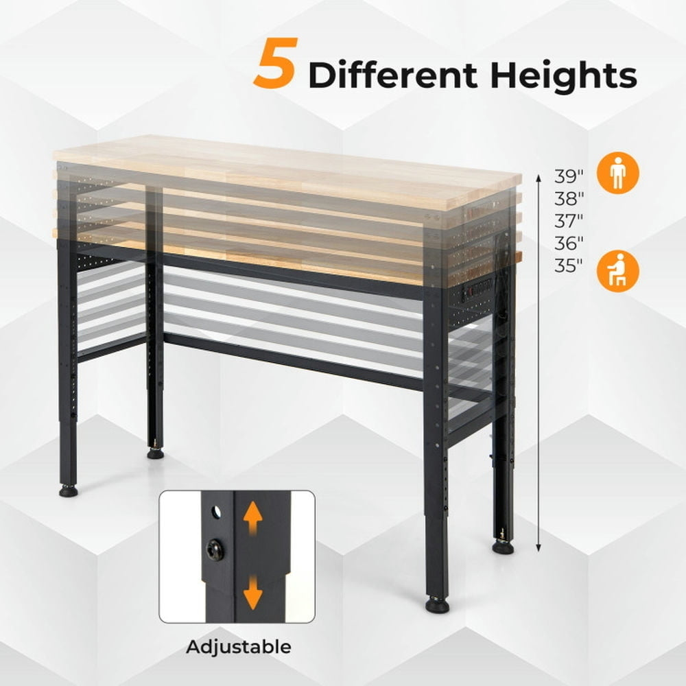 Hommoo 53 Inch Adjustable Heavy-Duty Workbench with Rubber Wood Top, Home Office Desks, Gaming Computer Desks for Image 2