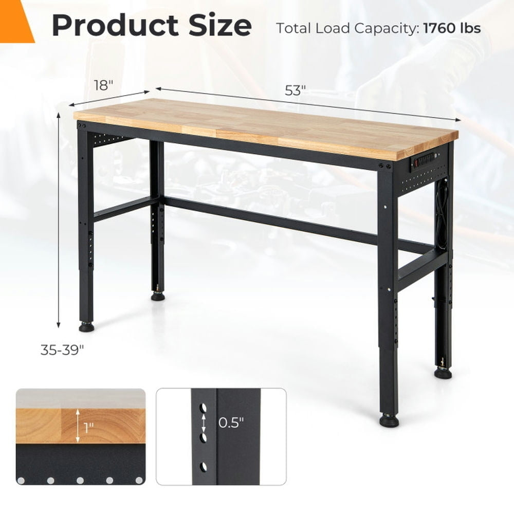 Hommoo 53 Inch Adjustable Heavy-Duty Workbench with Rubber Wood Top, Home Office Desks, Gaming Computer Desks for Image 3