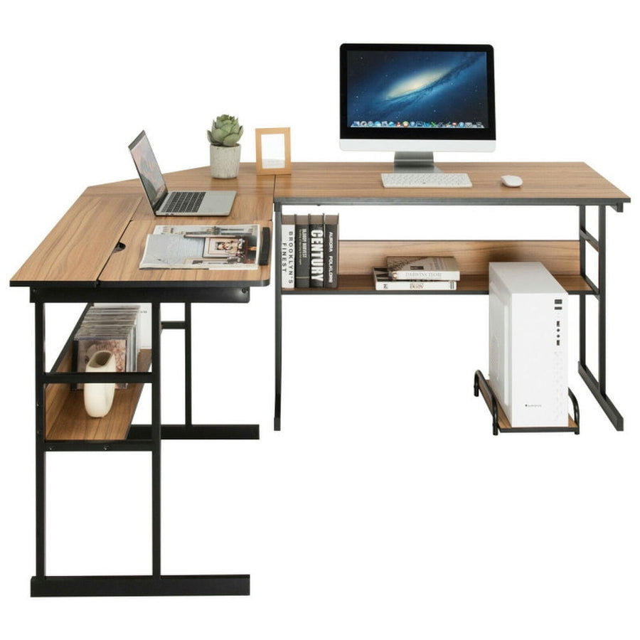 Hommoo L-Shaped Computer Desk with Tiltable Tabletop-Walnut, Home Office Desks, Gaming Computer Desks for Image 1