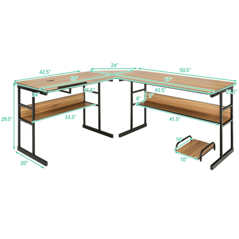 Hommoo L-Shaped Computer Desk with Tiltable Tabletop-Walnut, Home Office Desks, Gaming Computer Desks for Image 2