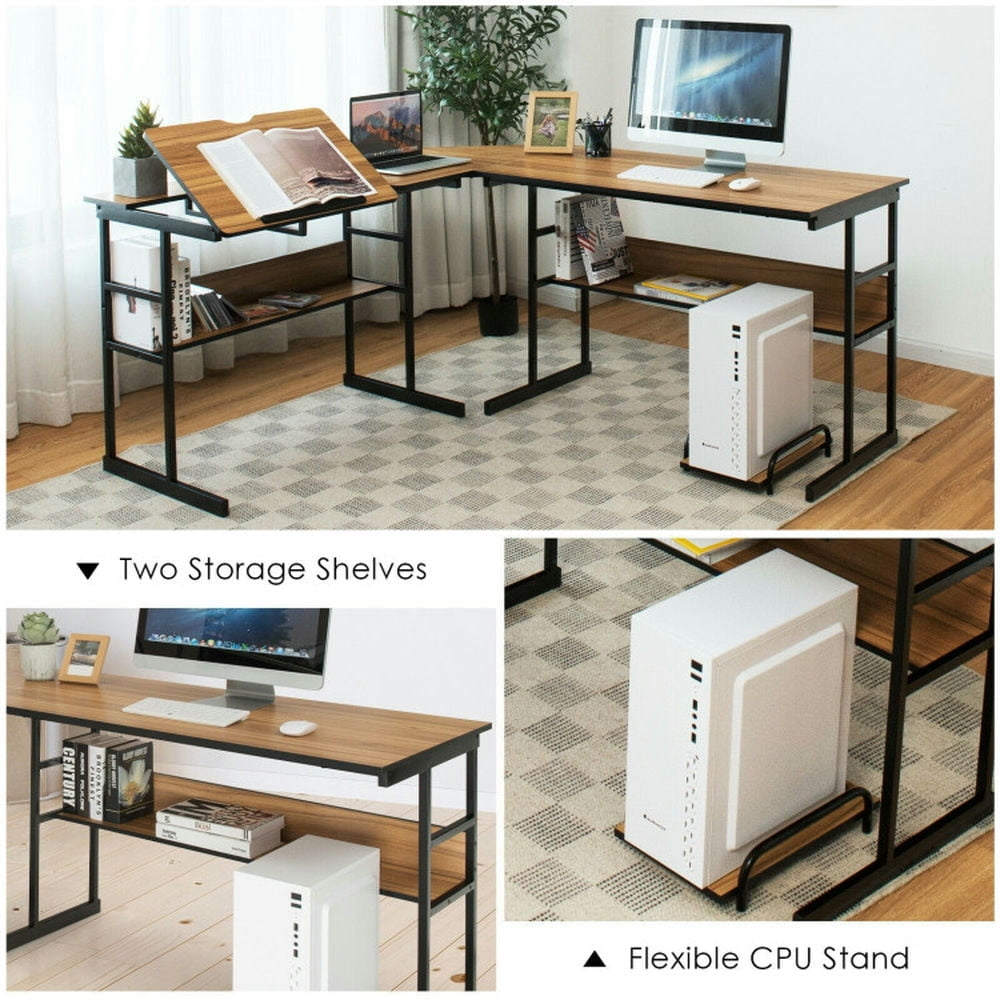 Hommoo L-Shaped Computer Desk with Tiltable Tabletop-Walnut, Home Office Desks, Gaming Computer Desks for Image 3