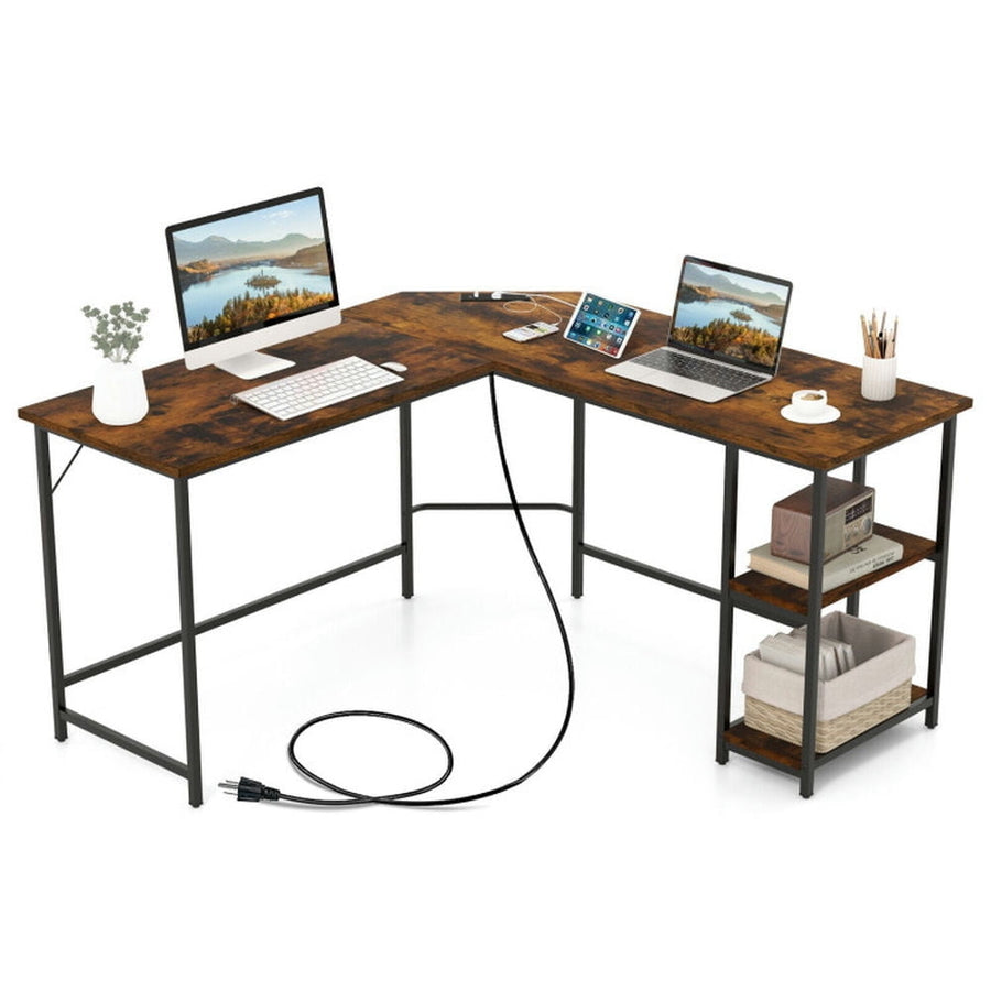 Hommoo L Shaped Computer Desk with 2 Outlets and 2 USB Ports-Brown, Home Office Desks, Gaming Computer Desks for Image 1