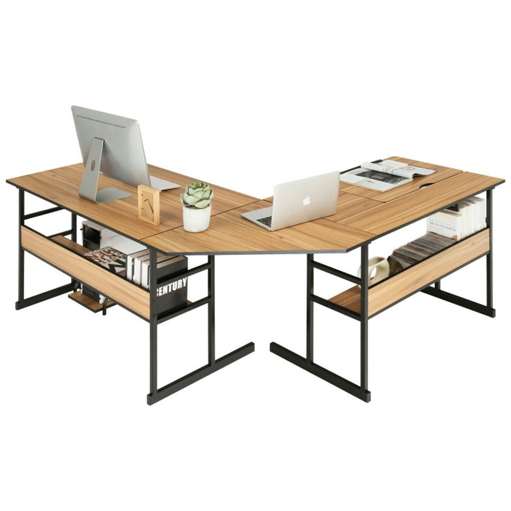 Hommoo L-Shaped Computer Desk with Tiltable Tabletop-Walnut, Home Office Desks, Gaming Computer Desks for Image 4