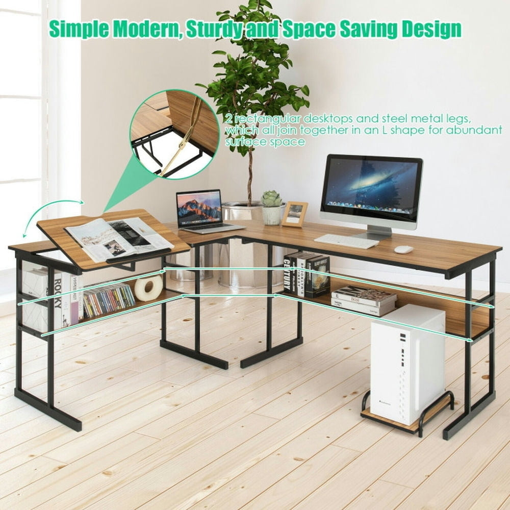 Hommoo L-Shaped Computer Desk with Tiltable Tabletop-Walnut, Home Office Desks, Gaming Computer Desks for Image 5